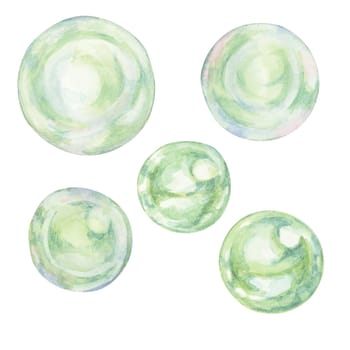 Green watercolor bubbles. Clipart of rainbow reflecting spheres in pale mint color. Hand drawn watercolor illustration for postcards, gifts, soap, science, chemistry, cosmetics, beauty, food theme