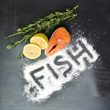 Salmon, herbs and seasoning on table top for menu development, nutrition and wellness in restaurant. Fish, salt and protein in studio for health, diet and ingredients for cooking on dark background