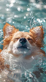 An organism from the Sporting Group, the carnivore dog breed, is swimming in water with its eyes closed. This fawncolored companion dog has whiskers and a snout