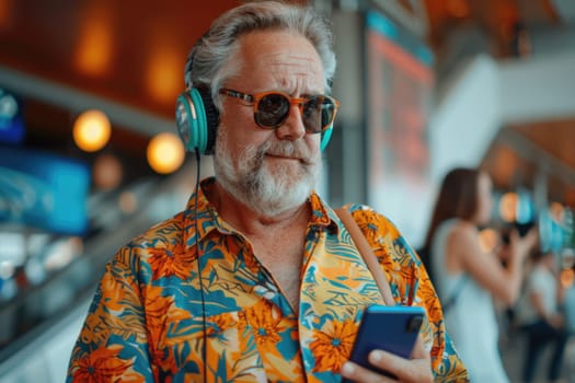 mature happy man in bright comfy summer clothes and headphones in the airport using smartphone. ai generated