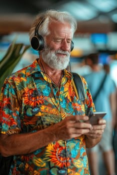 mature happy man in bright comfy summer clothes and headphones in the airport using smartphone. ai generated