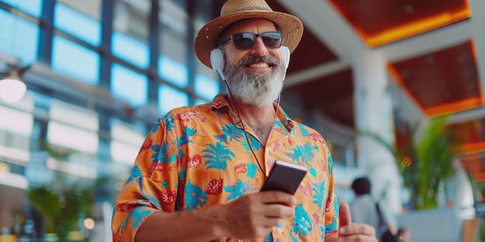 mature happy man in bright comfy summer clothes and headphones in the airport using smartphone. ai generated