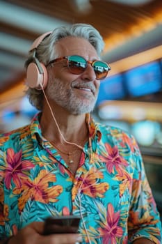 mature happy man in bright comfy summer clothes and headphones in the airport using smartphone. ai generated