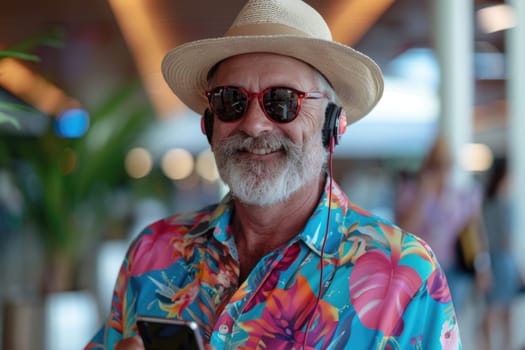 mature happy man in bright comfy summer clothes and headphones in the airport using smartphone. ai generated