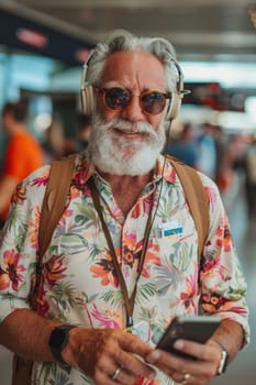 mature happy man in bright comfy summer clothes and headphones in the airport using smartphone. ai generated