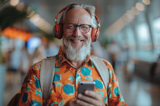 mature happy man in bright comfy summer clothes and headphones in the airport using smartphone. ai generated