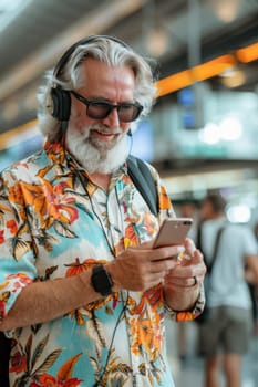 mature happy man in bright comfy summer clothes and headphones in the airport using smartphone. ai generated