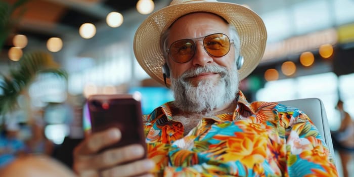 mature happy man in bright comfy summer clothes and headphones in the airport using smartphone. ai generated