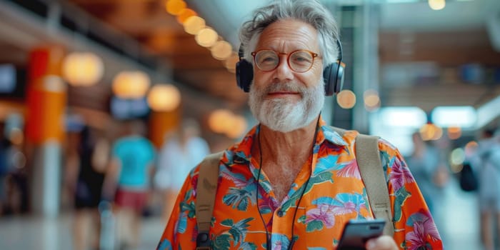 mature happy man in bright comfy summer clothes and headphones in the airport using smartphone. ai generated