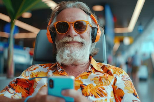 mature happy man in bright comfy summer clothes and headphones in the airport using smartphone. ai generated