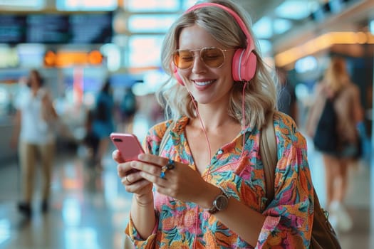 mature happy woman in bright comfy summer clothes and headphones in the airport using smartphone. ai generated