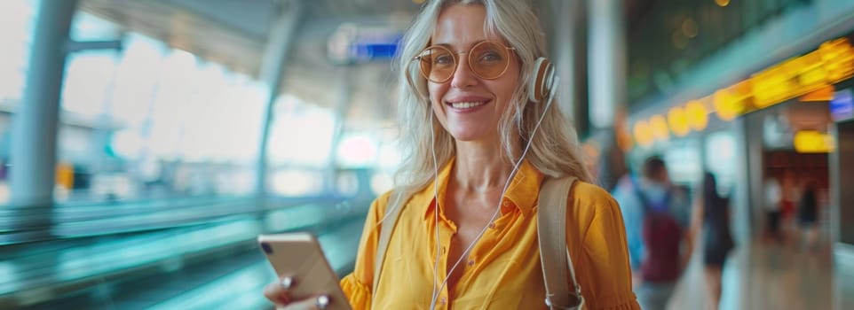 mature happy woman in bright comfy summer clothes and headphones in the airport using smartphone. ai generated