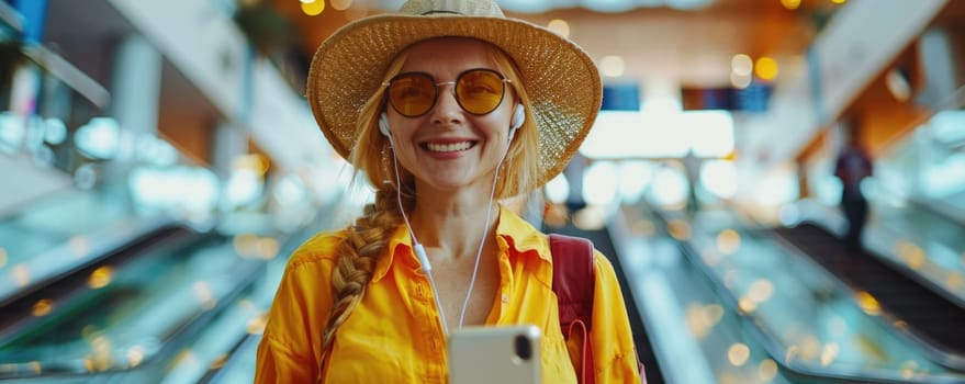 mature happy woman in bright comfy summer clothes and headphones in the airport using smartphone. ai generated