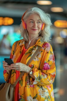 mature happy woman in bright comfy summer clothes and headphones in the airport using smartphone. ai generated