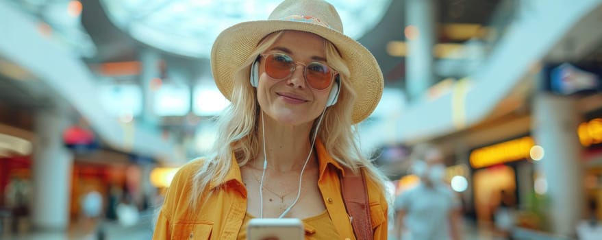 mature happy woman in bright comfy summer clothes and headphones in the airport using smartphone. ai generated