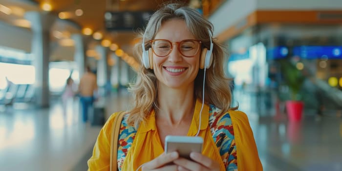 mature happy woman in bright comfy summer clothes and headphones in the airport using smartphone. ai generated