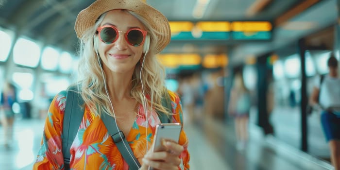 mature happy woman in bright comfy summer clothes and headphones in the airport using smartphone. ai generated