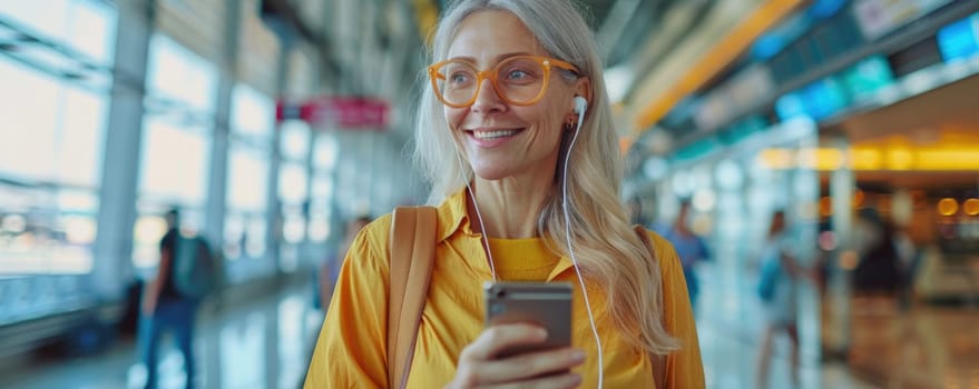mature happy woman in bright comfy summer clothes and headphones in the airport using smartphone. ai generated