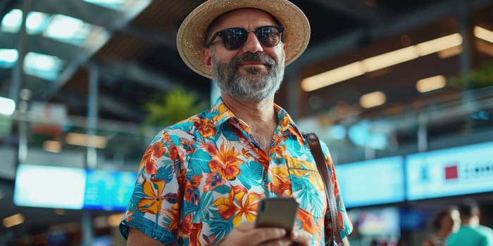 young happy man in bright comfy summer clothes and headphones in the airport using smartphone. ai generated