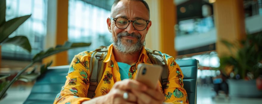 young happy man in bright comfy summer clothes and headphones in the airport using smartphone. ai generated