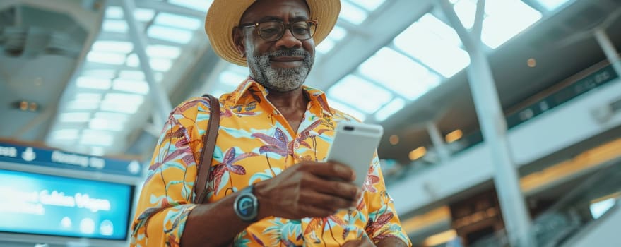 young happy man in bright comfy summer clothes and headphones in the airport using smartphone. ai generated