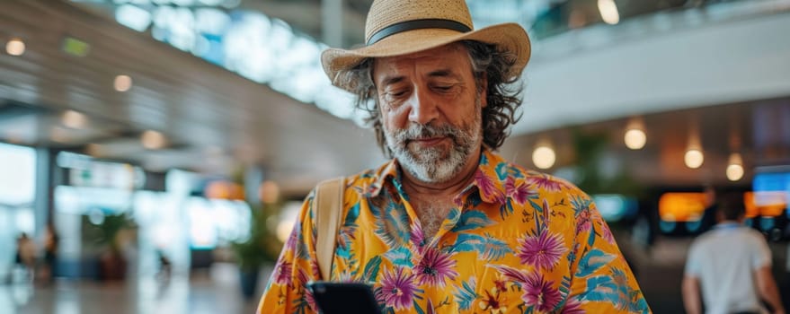 young happy man in bright comfy summer clothes and headphones in the airport using smartphone. ai generated