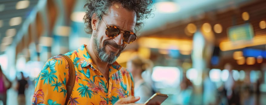 young happy man in bright comfy summer clothes and headphones in the airport using smartphone. ai generated