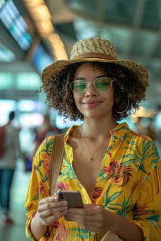 young happy woman in bright comfy summer clothes in the airport using smartphone. ai generated