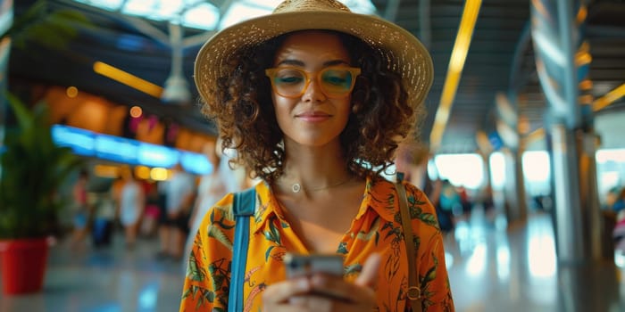 young happy woman in bright comfy summer clothes in the airport using smartphone. ai generated