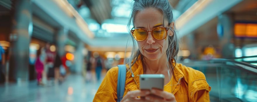 young happy woman in bright comfy summer clothes in the airport using smartphone. ai generated