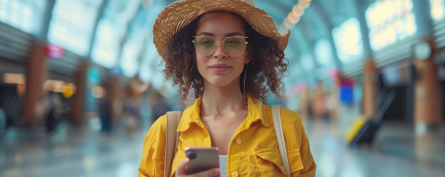 young happy woman in bright comfy summer clothes in the airport using smartphone. ai generated