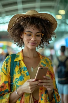 young happy woman in bright comfy summer clothes in the airport using smartphone. ai generated