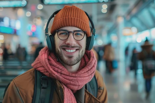 mature happy man in bright comfy clothes and headphones in the airport using smartphone. ai generated