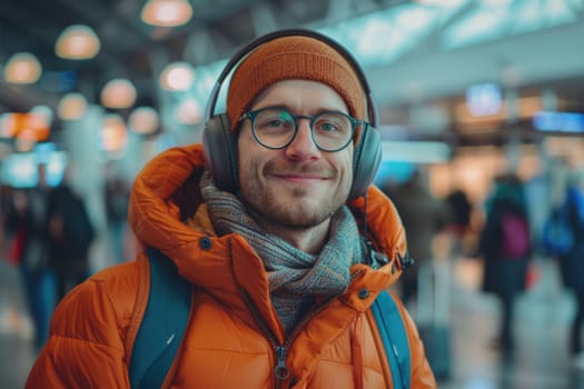 mature happy man in bright comfy clothes and headphones in the airport using smartphone. ai generated