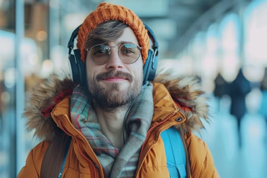 mature happy man in bright comfy clothes and headphones in the airport using smartphone. ai generated