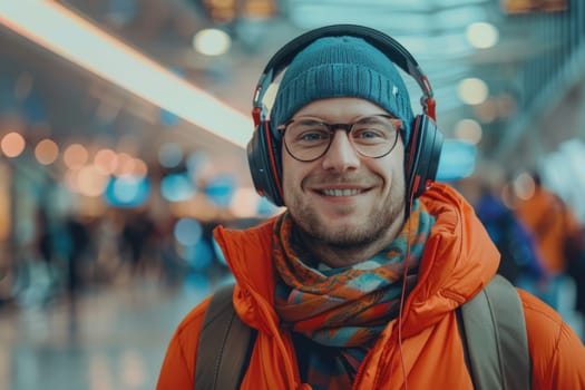 mature happy man in bright comfy clothes and headphones in the airport using smartphone. ai generated