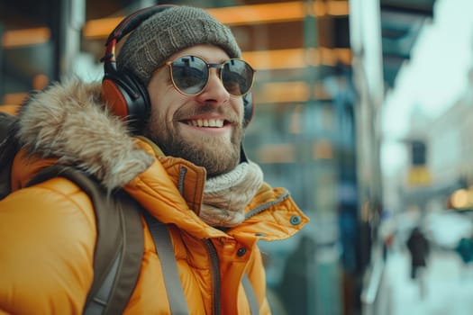 mature happy man in bright comfy clothes and headphones in the airport using smartphone. ai generated