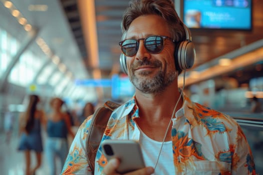 mature happy man in bright comfy summer clothes and headphones in the airport using smartphone. ai generated