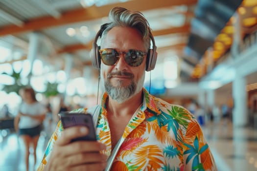 mature happy man in bright comfy summer clothes and headphones in the airport using smartphone. ai generated