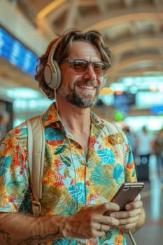 mature happy man in bright comfy summer clothes and headphones in the airport using smartphone. ai generated