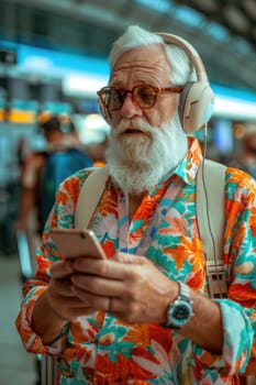 mature happy man in bright comfy summer clothes and headphones in the airport using smartphone. ai generated