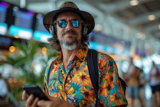 mature happy man in bright comfy summer clothes and headphones in the airport using smartphone. ai generated