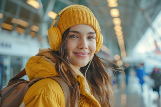 young happy woman in bright comfy clothes and headphones in the airport using smartphone. ai generated