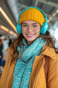 young happy woman in bright comfy clothes and headphones in the airport using smartphone. ai generated