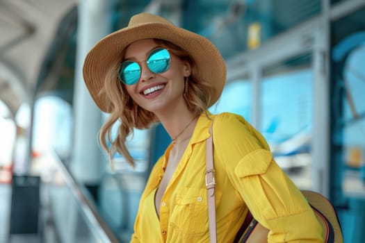 young happy woman in bright comfy summer clothes and headphones in the airport using smartphone. ai generated