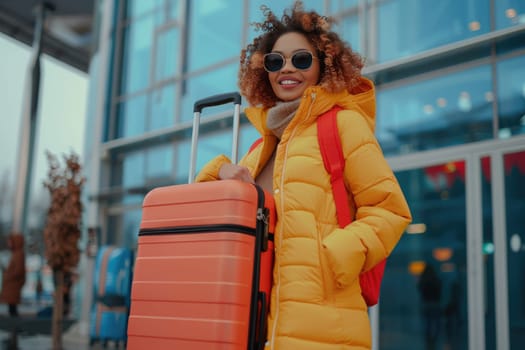 young happy woman in bright comfy clothes and headphones in the airport using smartphone. ai generated