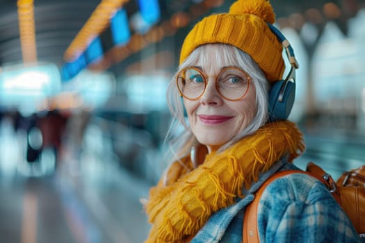 young happy woman in bright comfy clothes and headphones in the airport using smartphone. ai generated