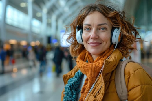 young happy woman in bright comfy clothes and headphones in the airport using smartphone. ai generated