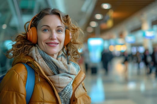 young happy woman in bright comfy clothes and headphones in the airport using smartphone. ai generated