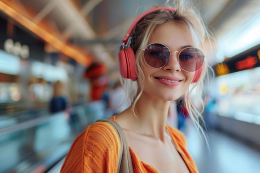 young happy woman in bright comfy summer clothes and headphones in the airport using smartphone. ai generated